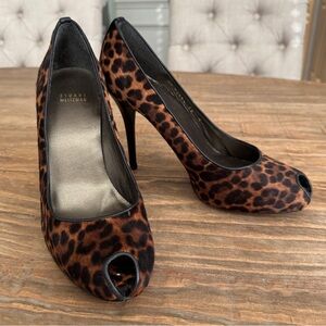 Stuart Weitzman Leopard Print Calf Hair Peep Toe Pumps Women's 10